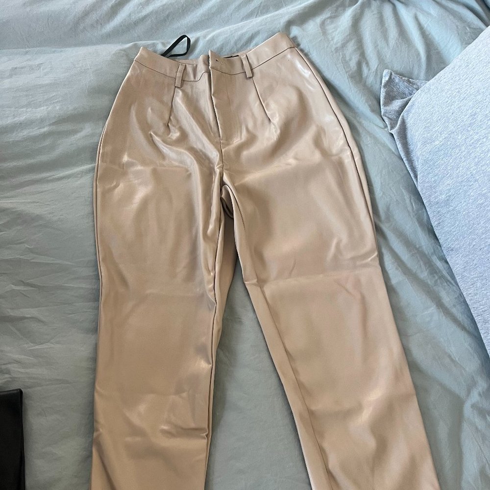 Missguided Cream Straight Leg Leather Pants